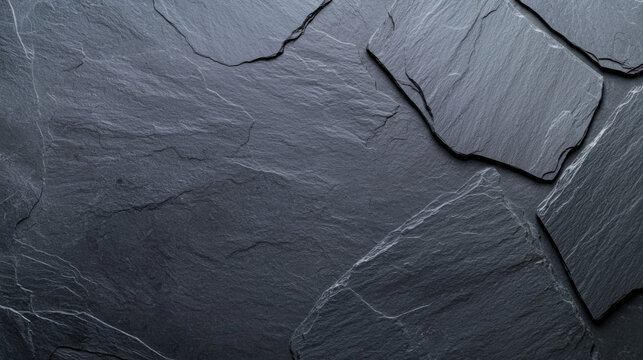 Textured arrangement of dark slate stone pieces on a rustic background at natural light