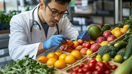 A man in a white lab coat is examining a variety of fruits and vegetables