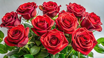 Fototapeta premium A stunning bouquet of twelve vibrant red roses adorned with lush green leaves, set against a soft white background, perfect for elegant decor.