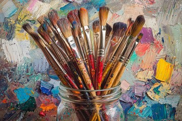 Obraz premium Artistic Jar Filled with Colorful Paintbrushes