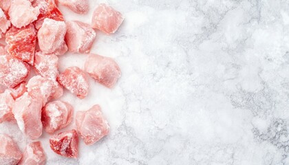 Chopped frozen meat pieces on a textured ice surface, ideal for culinary presentations.