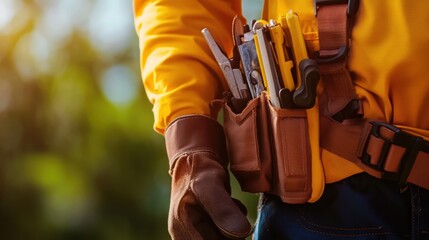 Close-up of a worker's tool belt with various tools, highlighting professionalism and readiness in a natural environment.