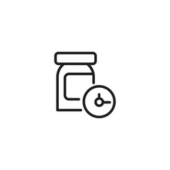 Time taking dose medication icon, hour pills treatment, ingestion tablets reminder. Editable stroke.