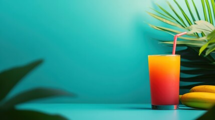 Colorful tropical cocktail with straw, vibrant background, surrounded by green leaves and bananas.