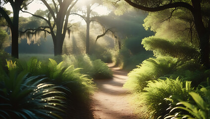 Naklejka premium sunny savannah path bushes woodlands tranquil landscape