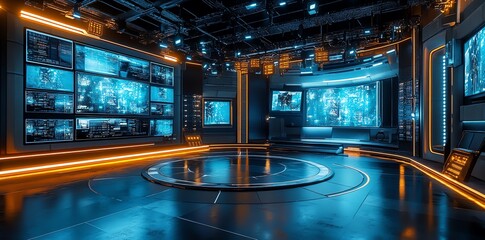 Modern futuristic studio with screens and lighting.