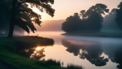sunrise lake fog sky reflecting rural creek misty pond scene