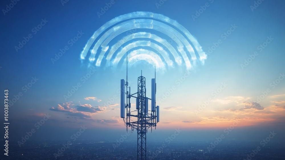Aufkleber An artistic representation of wireless signals radiating from a cell tower, with a clear blue sky in the background, symbolizing the backbone of wireless communication.