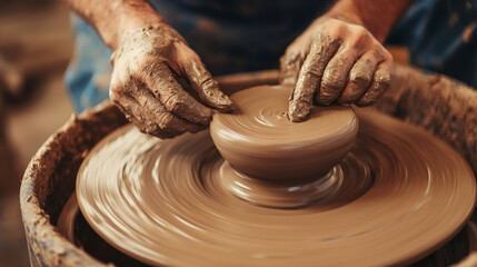 Crafting a clay bowl on a pottery wheel in a rustic studio environment