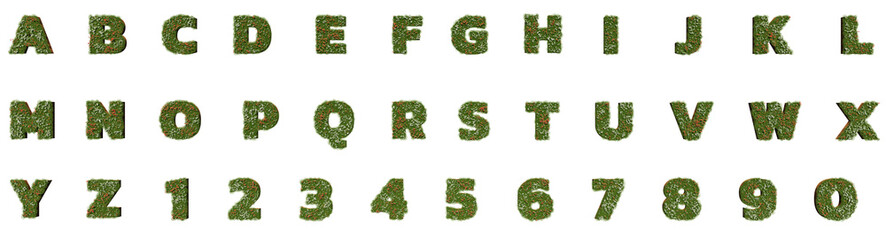 3D render of Green alphabet A-Z font letters and number isolated on transparent background. High resolution © Nawaphon