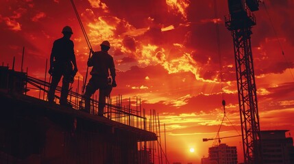 Fototapeta premium Silhouetted construction workers stand against a fiery sunset, with cranes and scaffolding creating a striking industrial scene.