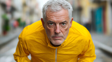 Senior runner in a yellow jacket prepares for a run on a city street during daylight