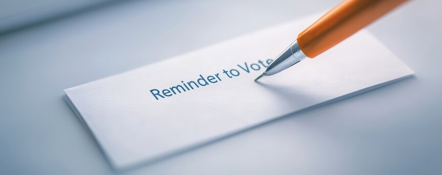 A close-up of a reminder note with "Reminder to Vote" written on it, accompanied by an orange pen, emphasizing civic engagement.