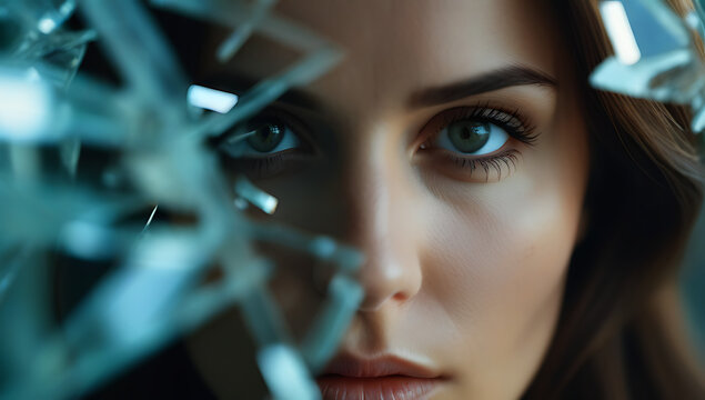 woman intense gaze staring shattered glass symbolizing grief healing