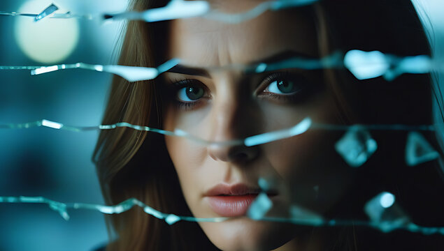 woman intense gaze staring shattered glass symbolizing grief healing