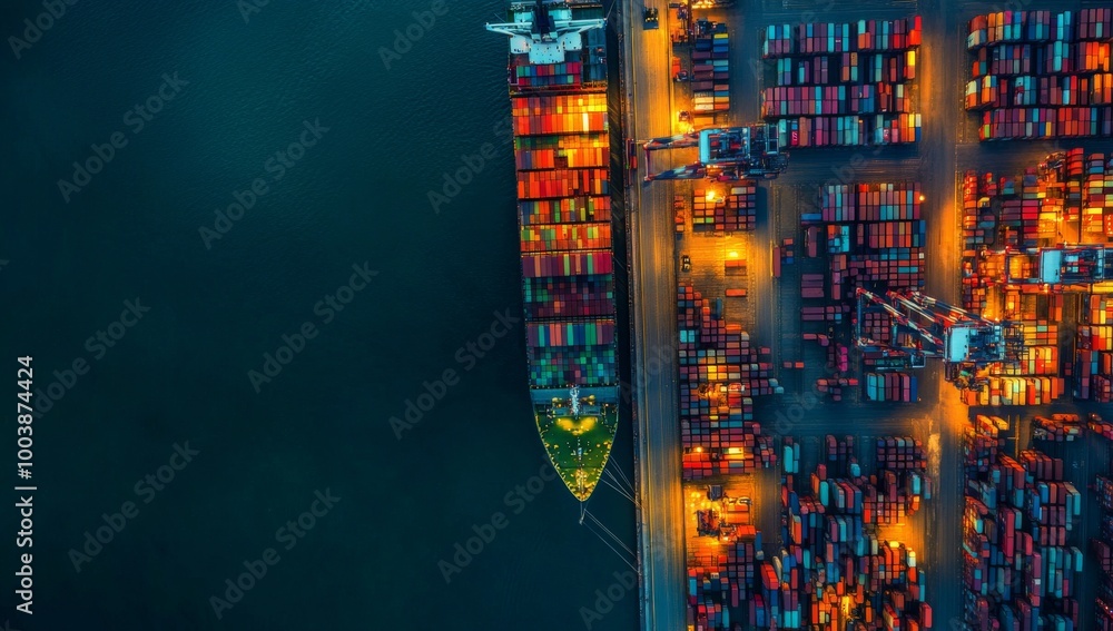 Poster aerial view of a cargo ship docked at a busy port at night, with rows of colorful shipping container