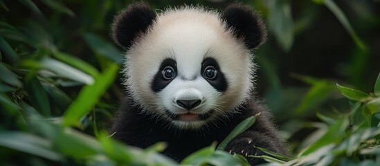 A cute baby panda bear peeking out from the foliage of a bamboo forest.