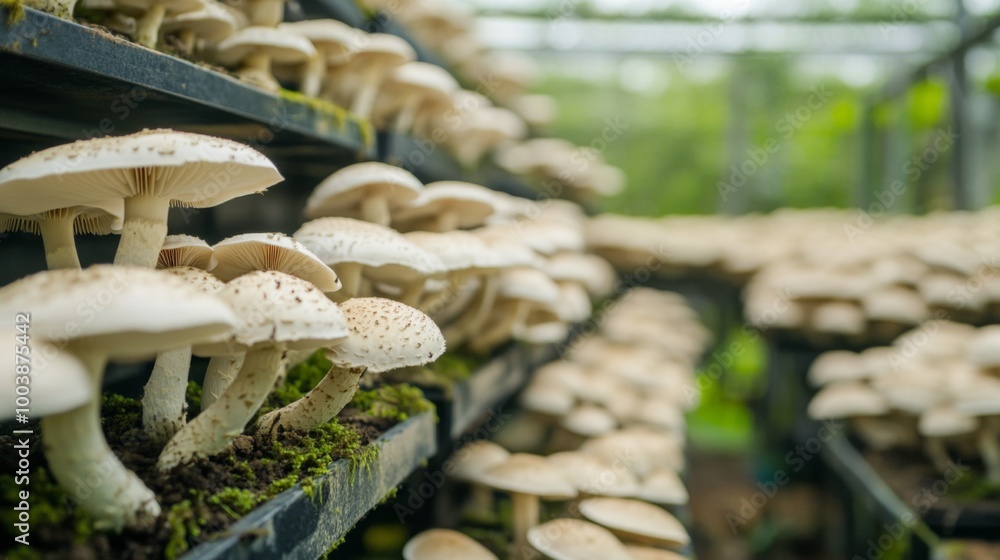 Aufkleber an atmospheric image of a mushroom farm, with rows of white button mushrooms growing in controlled c