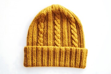 Fototapeta premium knitted dark yellow hat isolated on white background.