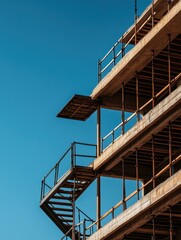 Modern construction site with steel framework against a clear blue sky.