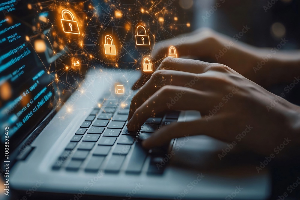 Poster cyber security concept with hands typing on laptop keyboard and digital lock icons