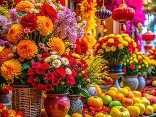 Obraz premium Colorful floral arrangements enhance Lunar New Year celebrations, incorporating traditions and vibrant blooms to bring joy and style to festive gatherings. Elevate your experience beautifully!