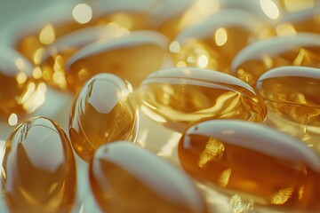 Close Up of Shiny Yellow Gel Capsules on White Background