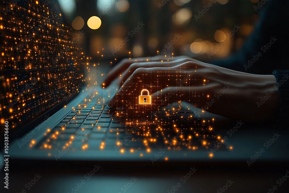 Poster secure online data protection with laptop keyboard and lock symbol