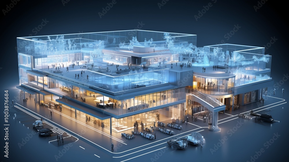 Poster vision of architecture of a 3d model house project with blueprint