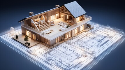 Fototapeta premium vision of architecture of a 3d model house project with blueprint