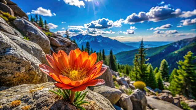 Delicate Bitterroot blooms gracefully in the vibrant Rocky Mountain landscape, surrounded by lush greenery, under a brilliant blue sky, heralding the beauty of springtime.