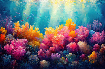 Naklejka premium Colorful Coral Reef in the Caribbean: A Vibrant Impressionist Painting Showcasing Underwater Wonders