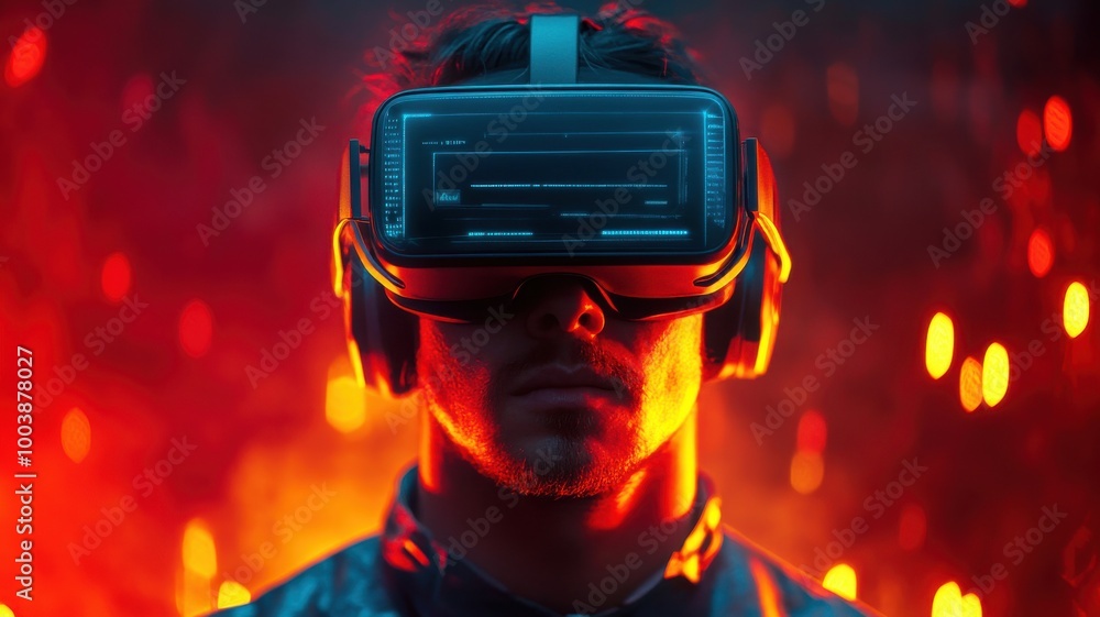 Poster man using vr headset in a vibrant digital environment.