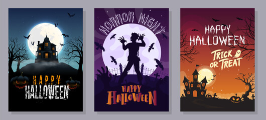 Happy Halloween posters set with night clouds and pumpkins in paper-cut style. Vector illustration. Full moon, witch cauldron, spider web, and flying bat. © Lea Dinh