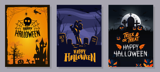 Happy Halloween posters set with night clouds and pumpkins in paper-cut style. Vector illustration. Full moon, witch cauldron, spider web, and flying bat.