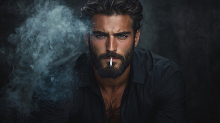 Fototapeta premium A handsome bearded male model in a black shirt, sitting casually while smoking, with a serious expression and a dark, minimalist background