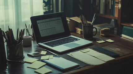 home office desk, burnout, quiet workspace, tired professional, low light, solitary work, evening work, empty desk, office fatigue, work-life balance, moody lighting,