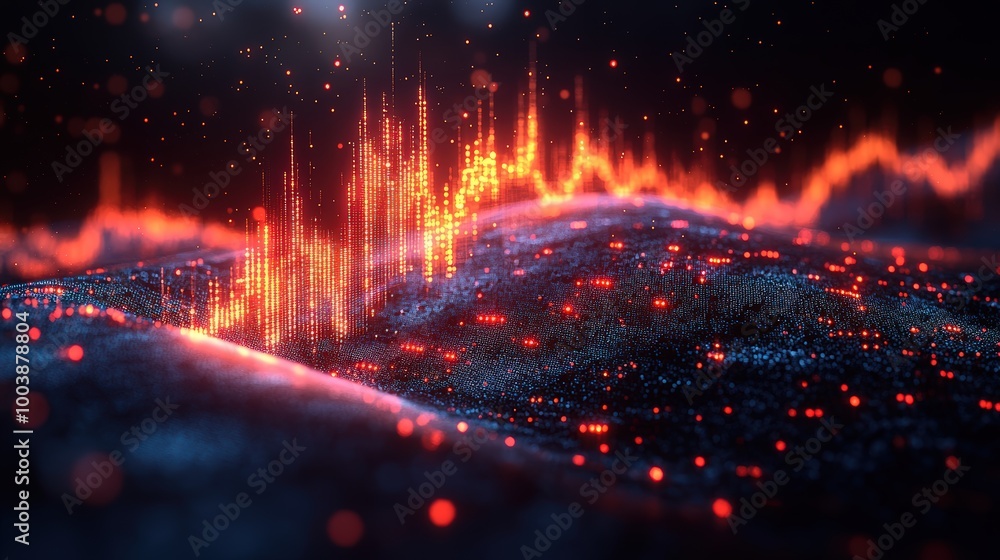 Poster a digital representation of financial market analysis, with vibrant light patterns simulating graphs