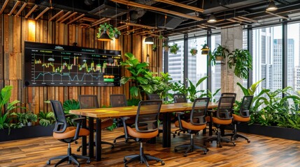 Fototapeta premium Modern Office Space with Meeting Table and Plants