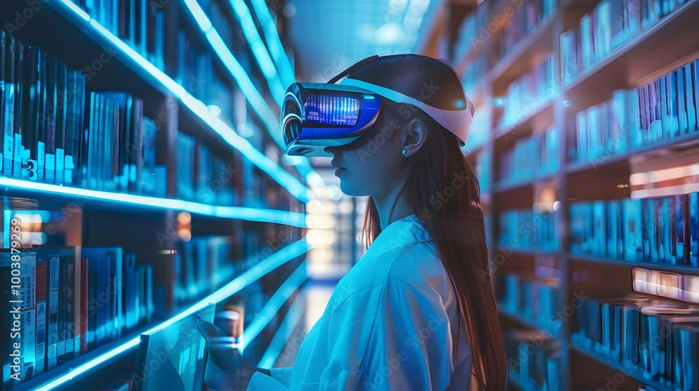 Poster futuristic library with personalized augmented reality learning materials for students
