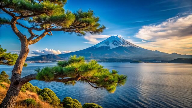 In Numazu, Shizuoka, a stunning view of Mt. Fuji towers above Suruga Bay, accentuated by a solitary pine