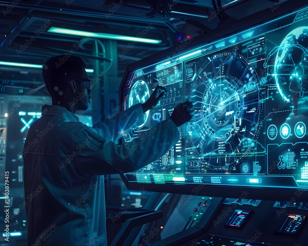Poster scientist decoding alien signal in zero gravity lab with holographic displays