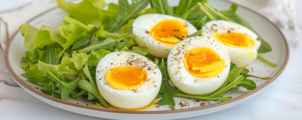 Delicious soft-boiled eggs served on a bed of fresh greens for a healthy brunch