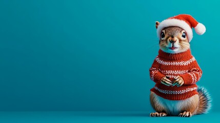 Cute squirrel wearing Christmas hat and sweater, festive holiday attire.