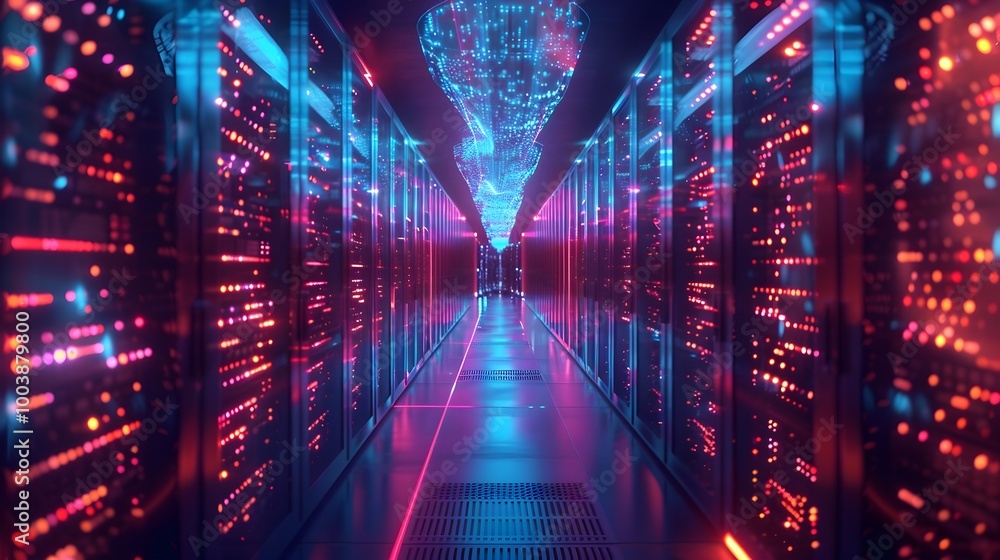 Poster futuristic quantum data center with glowing vibrant energy fields and connected computers