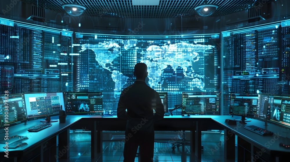 Poster cybersecurity expert monitoring quantum secured data streams in high tech control room with holograp