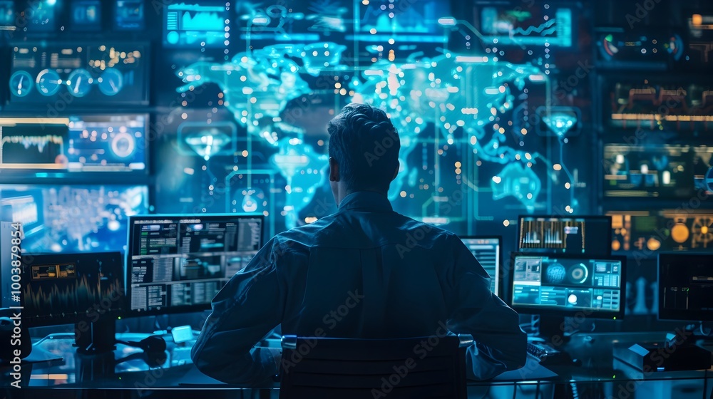 Poster cybersecurity expert monitoring quantum secured data streams in high tech control room