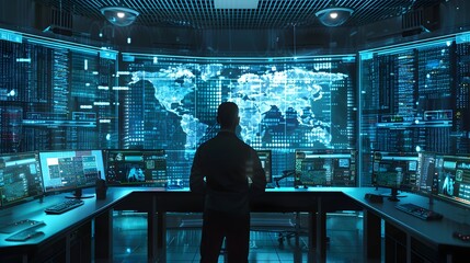 Cybersecurity Expert Monitoring Quantum Secured Data Streams in High Tech Control Room with Holographic Threat Maps