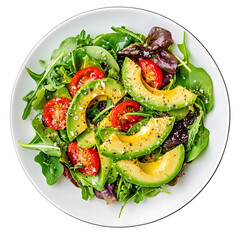 Avocado salad with vegetables in a bowl on white or transparent background. 