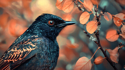 A macro shot of a bird's head, its feathers ruffled by the wind, set against a vibrant background of leaves and branches, highlighting the intricate details of both flora and fauna